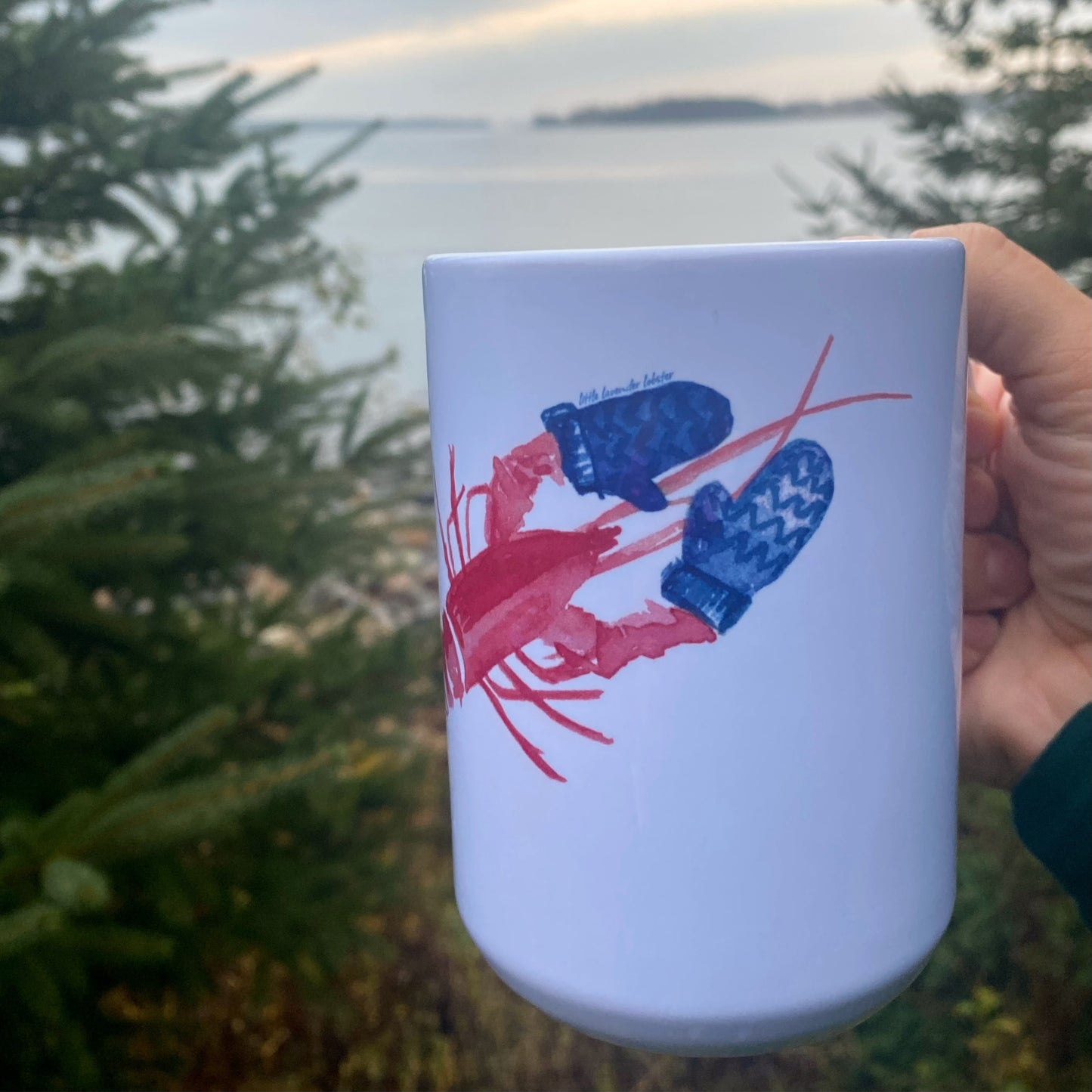 WATERCOLOR LOBSTER WITH BLUE MITTENS MUG